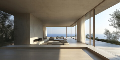Modern minimalist living space with large windows overlooking the ocean at sunset in a coastal location