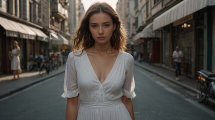 Fototapeta premium woman with white dress walking on the street