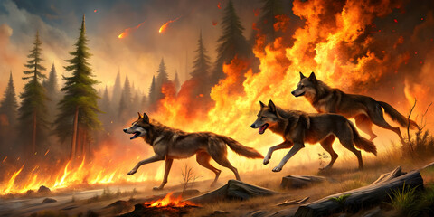 Wolves running away from a massive forest fire , wildlife, animals, danger, escape, panic, flames, disaster, survival