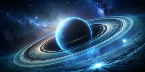 Dark space background with glowing blue planet, small ring, black hole, and rings of different sizes, space, background, planet