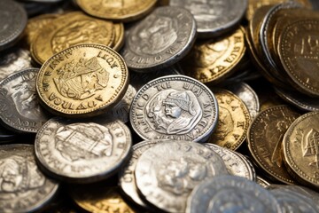 A close-up shot of a pile of antique gold and silver coins, their surfaces worn smooth and edges slightly jagged