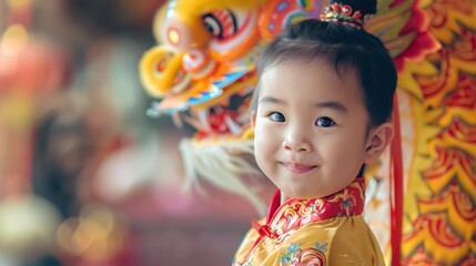 Fototapeta premium A Chinese child playing with a dragon dance costume