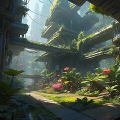 cartoon style Tech Inspired Fantasy Landscapes
