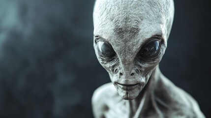 Naklejka premium Close-up portrait of a gray alien with large eyes and a serious expression.
