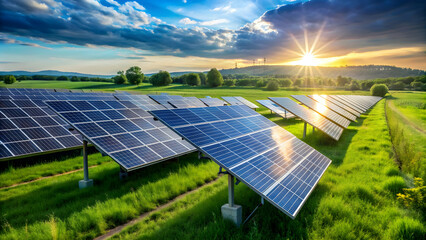 Solar panels on a green field capturing renewable energy for green transition