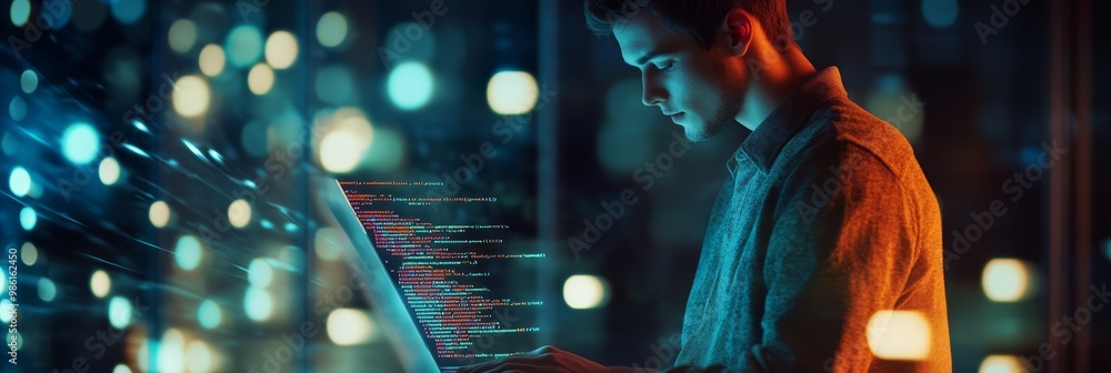 Aufkleber Software engineer working on code with abstract lighting reflections on glass. Futuristic coding concept.