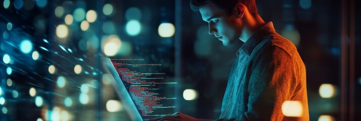Software engineer working on code with abstract lighting reflections on glass. Futuristic coding concept.