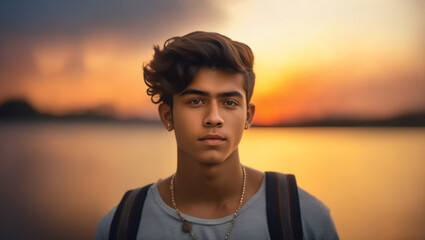 Serene portrait of a young boy against a captivating golden sunset, conveying a sense of hope and inspiration for youth-oriented design and marketing.