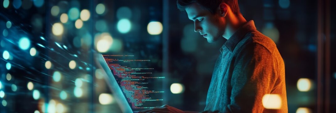 Software engineer working on code with abstract lighting reflections on glass. Futuristic coding concept.
