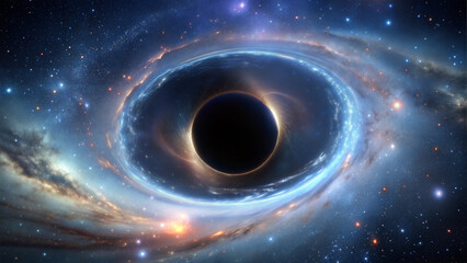 Black hole with glowing ring dramatically framed against starry galaxy background