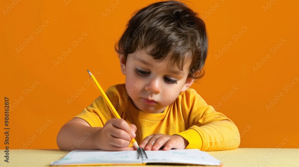 Poster a child learning to write with a pencil and notebook