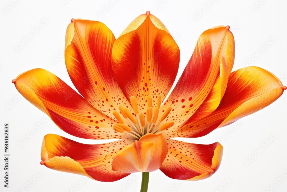 Poster a close-up shot of an orange tulip with intricate patterns on its petals