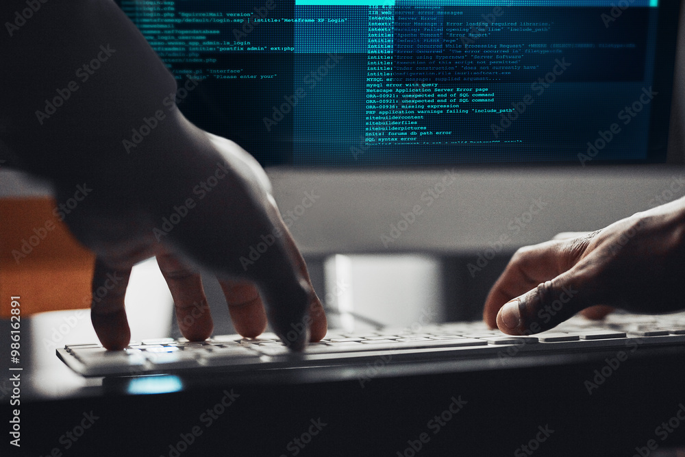 Poster Hands, hacker and typing on computer for programming, data breach or cyber attack at night. Keyboard, closeup or person writing or coding malware, virus or ransomware for spy stealing ai trade secret