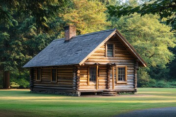 Fototapeta premium Rustic log cabin reflecting north american frontier architecture with sturdy wooden roof panels