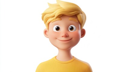 A 3D cartoon boy with blonde hair and a happy expression is wearing a yellow shirt and looking up.