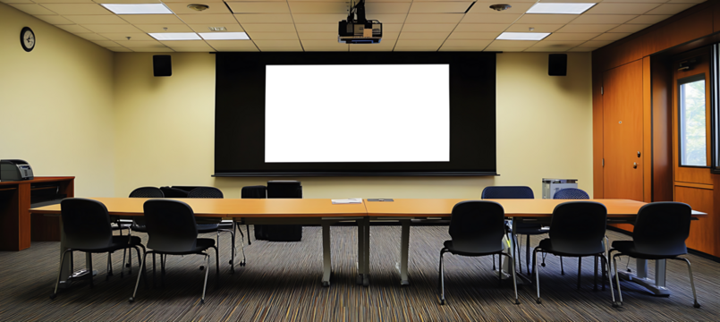 Versatile Projection Screen Mockup in Spacious Conference Room – Transparent PNG Banner for Presentations and Business Visuals