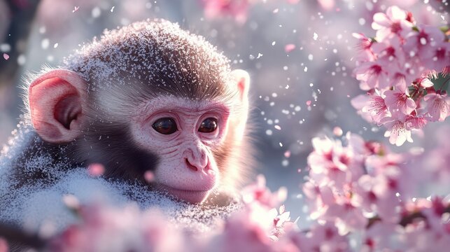 AI generates a realistic illustration of a 3d Mongkey In Cherry Blossom and Fine Snow transparent background