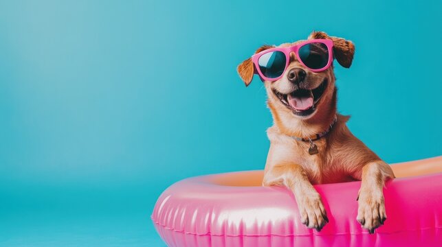 Happy dog wearing pink sunglasses relaxing on a pink inflatable ring.