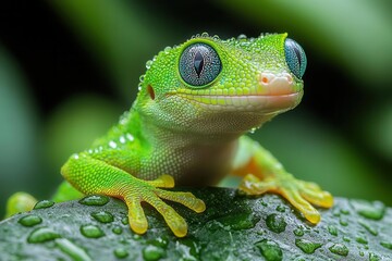vibrant green gecko on exotic leaf macro shot textured skin details rainforest setting dewdrops vivid colors