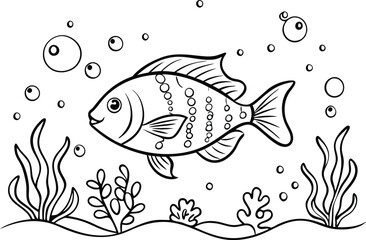 under water fish line art, vector illustration, bubble, seaweed, seascape,