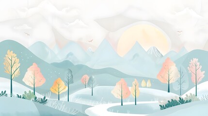 Vector Nature Landscape with Clouds, Trees, and Mountains
