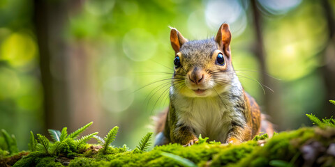A close-up image of a curious squirrel in a lush forest setting, squirrel, wildlife, nature, forest, animal