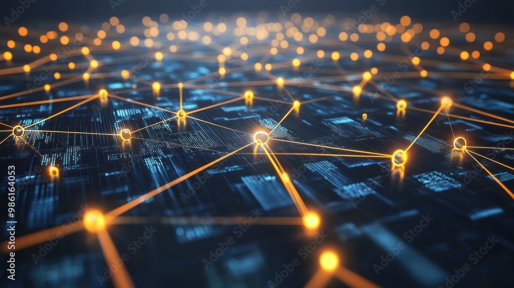 Poster abstract network connection with glowing nodes and lines on a dark blue background.