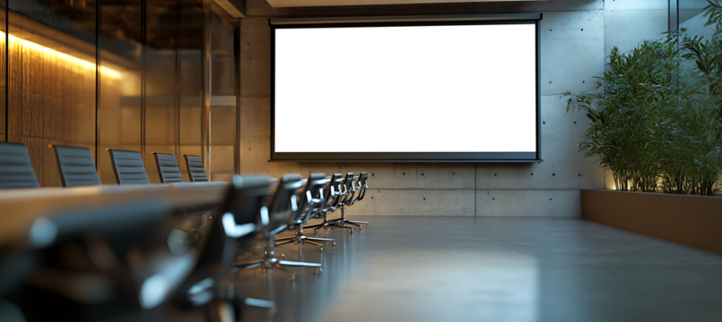 Minimalist Projection Screen Mockup Display in Corporate Conference Room – Perfect Transparent PNG Banner for Branding and Marketing