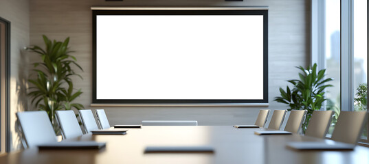 Minimalist Projection Screen Mockup Display in Corporate Conference Room – Perfect Transparent PNG Banner for Branding and Marketing
