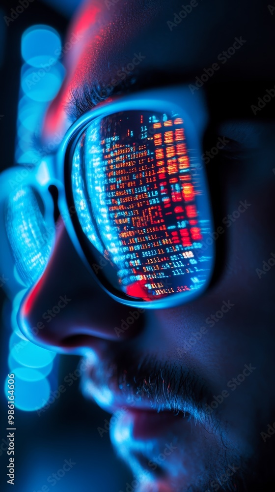 Poster Close-up of code reflected in a developer's glasses. Programmer focused on a late-night coding session.