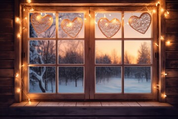 A cozy scene of a rustic wooden window frame adorned with heart-shaped string lights, casting a...