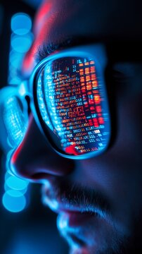 Close-up of code reflected in a developer's glasses. Programmer focused on a late-night coding session.