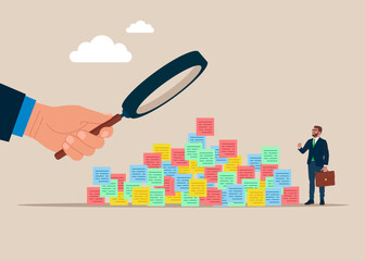 Obraz premium Big hand with magnifying glass and tiny businessman looking for ideas or comments. Brainstorm with sticky notes. Brainstorming to gather new idea. Flat vector illustration.