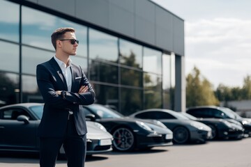 Professional car salesman in suit standing outside a contemporary car dealership