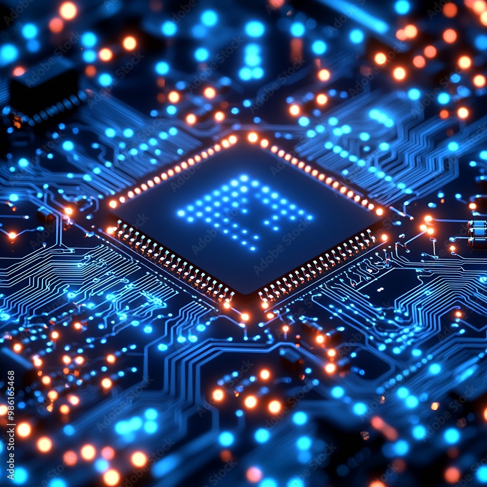 Poster blue circuit board background with chip icon vector illustration : generative ai