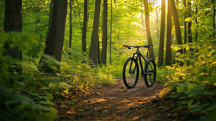 Fototapeta premium A bicycle is parked on a dirt path in a forest