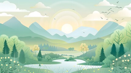 Obraz premium Tranquil Nature Background with Trees and River 