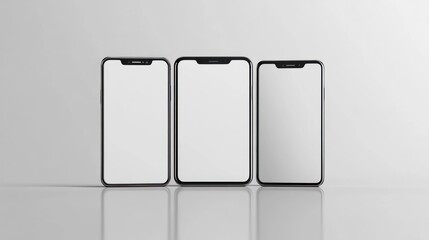 Three black smartphones with blank screens on a white table.