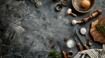 Wooden dough roller, a cup of flour, eggs and whisk on the black table ,top view of cooking utensils and cutting board on grey background with copy space