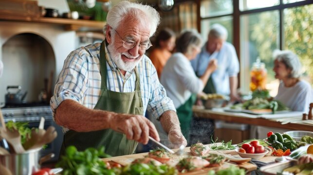 An older adult hosting a cooking class for friends demonstrating how to make a favorite dish