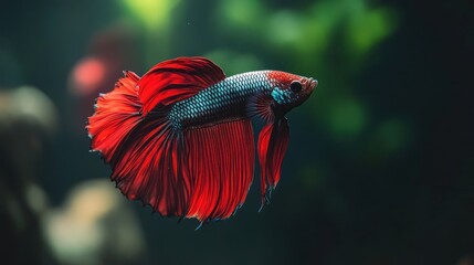 Obraz premium Red Betta Fish with Blue and Black Scales Swimming in Water.