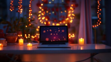 A laptop rests on a table surrounded by Diwali lights and colorful decorations in an office, festive atmosphere showcasing celebration, blending work with joy