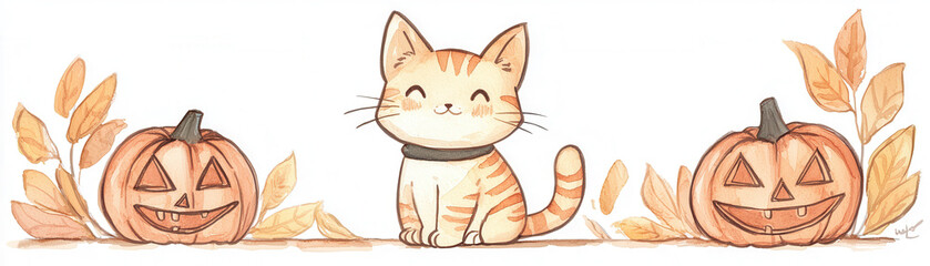 A playful cat costume with furry ears, whiskers, and a tail, worn by a smiling child trick-or-treating, painted in warm watercolor tones