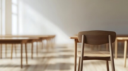 Empty Modern Classroom In the School Interior, Back to School Concept Book, Chair, table 3D Render.