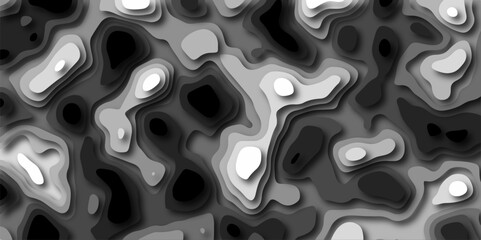 3D Stylized Gray Topographic Contour Scheme and Terrain. Geographic mountain terrain. Contour map background. 3D Cartographic Weave with seamless striped patterns and wavy Shapes.