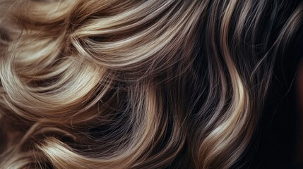 Fototapeta premium Close-up of a woman's light brown hair with highlights, styled in soft curls.