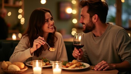 Generative AI, a man and woman sitting at a table with a glass of wine and food in front of them, smiling, professional food photography, a stock photo, romanticism
