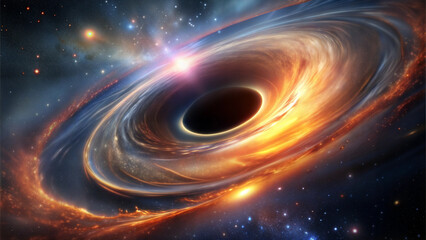 Fiery cosmic vortex surrounding dark center in dramatic space scene