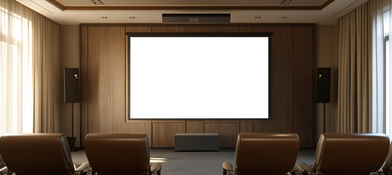 Realistic Projection Screen Mockup in Corporate Conference Room – Transparent PNG Banner Perfect for Business Presentations and Marketing Designs