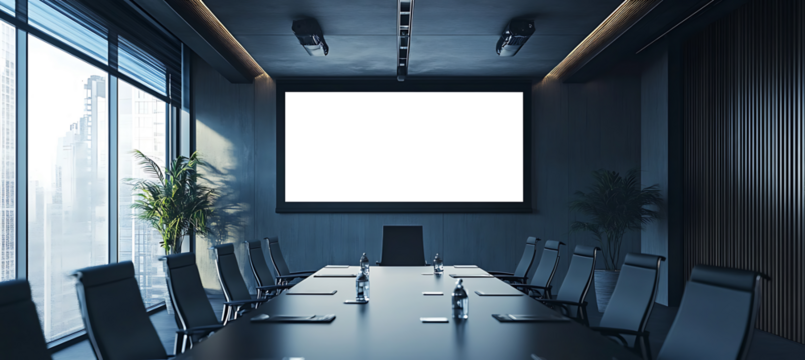 Realistic Projection Screen Mockup in Corporate Conference Room – Transparent PNG Banner Perfect for Business Presentations and Marketing Designs